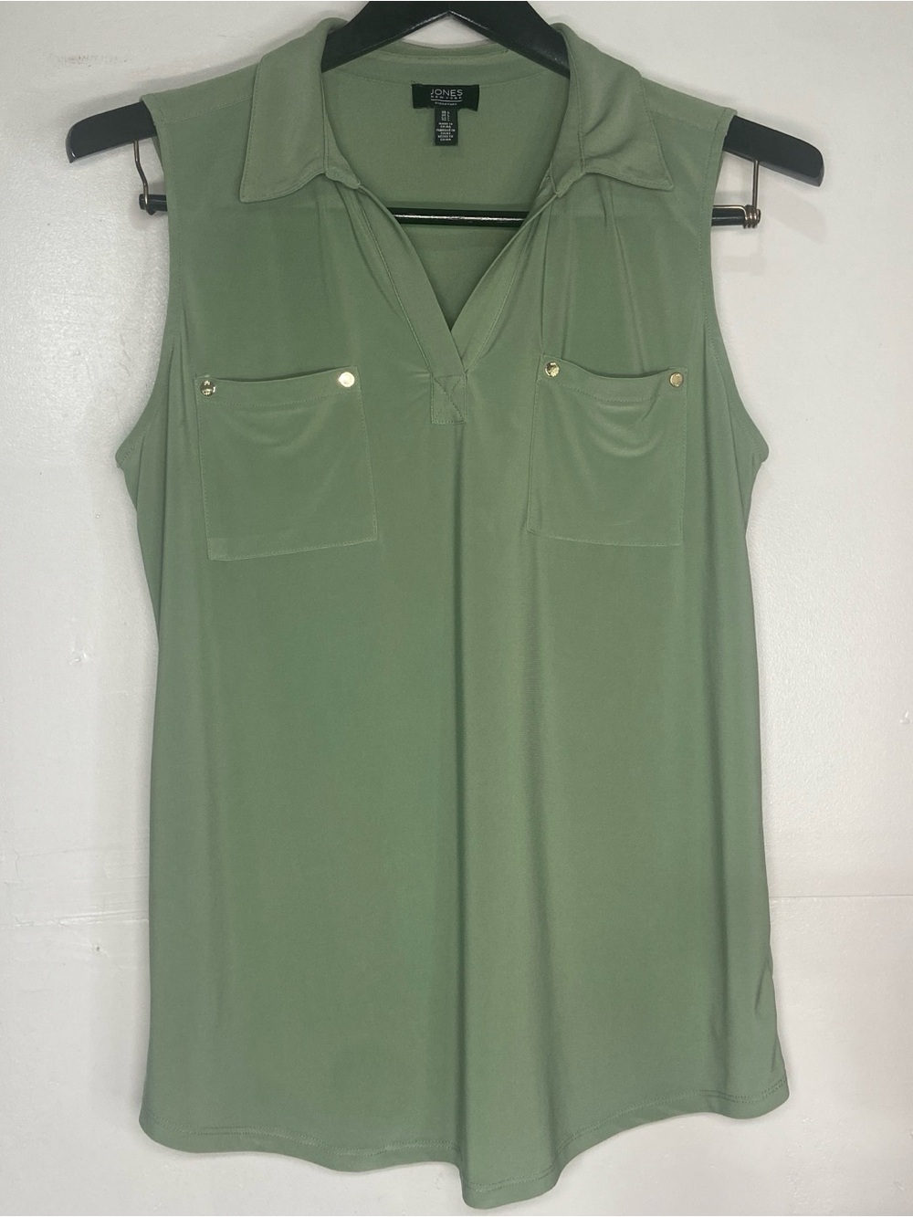 Jones New York Blouse Shirt Women’s Large Olive Green Sleeveless Collared Top